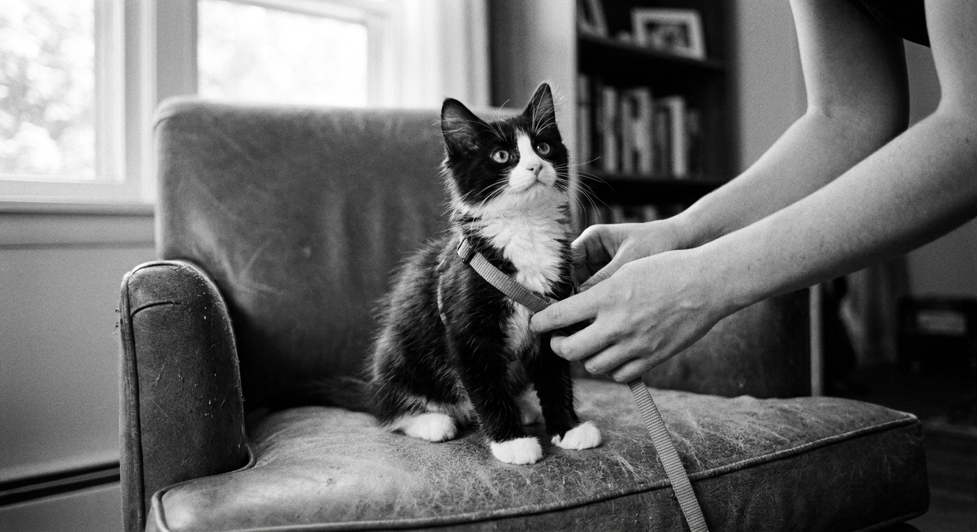 A black-and-white kitten sitting calmly while a person checks the fit of a strap harness behind the front legs