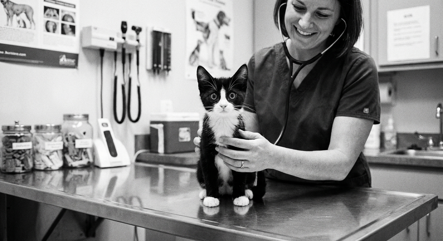 A black and white kitten sitting on a veterinary exam table while a veterinarian listens with a stethoscope.