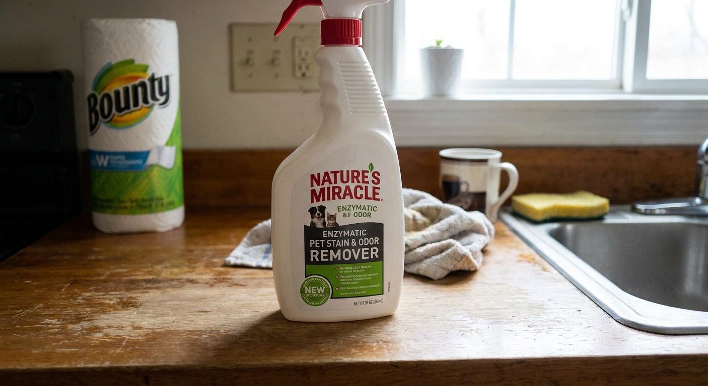 A bottle of enzymatic pet stain and odor remover sitting beside a roll of paper towels on a kitchen counter