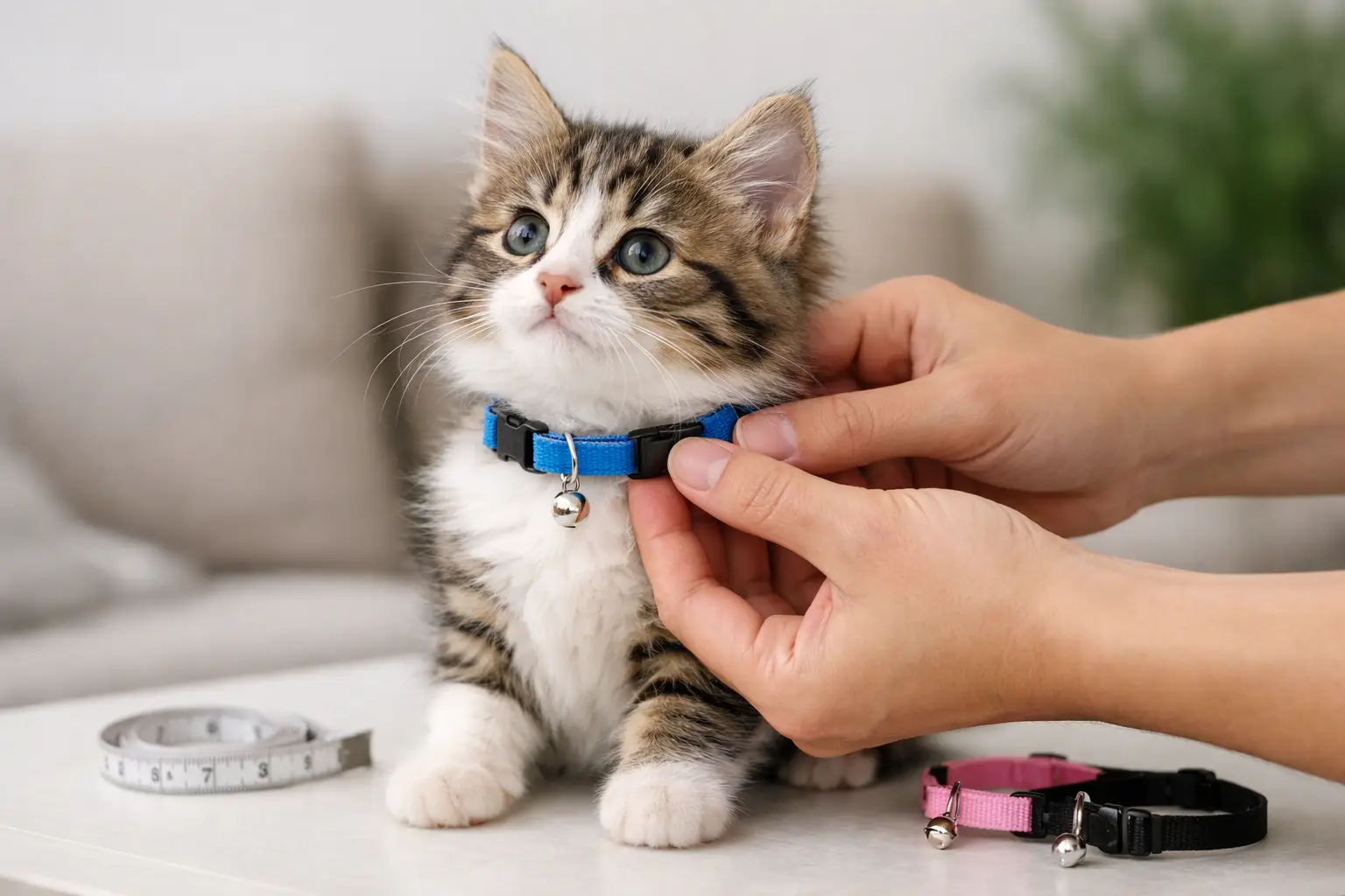 A close view of a kitten wearing a thin breakaway collar while a person demonstrates the two-finger fit under the collar at the side of the neck