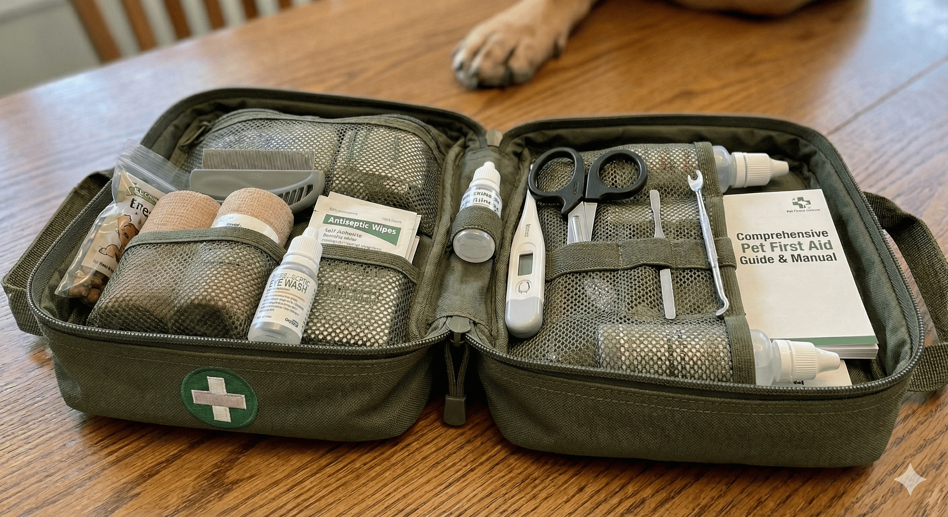 A compact plastic first aid box labeled for pets sitting on a shelf with supplies organized in small pouches