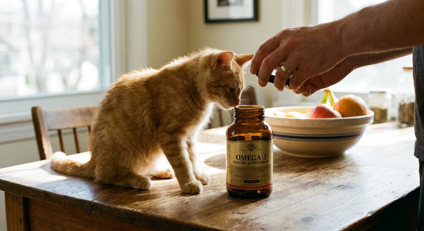 A curious kitten sniffing a small bottle of omega-3 fish oil supplement on a table while a person holds the cap