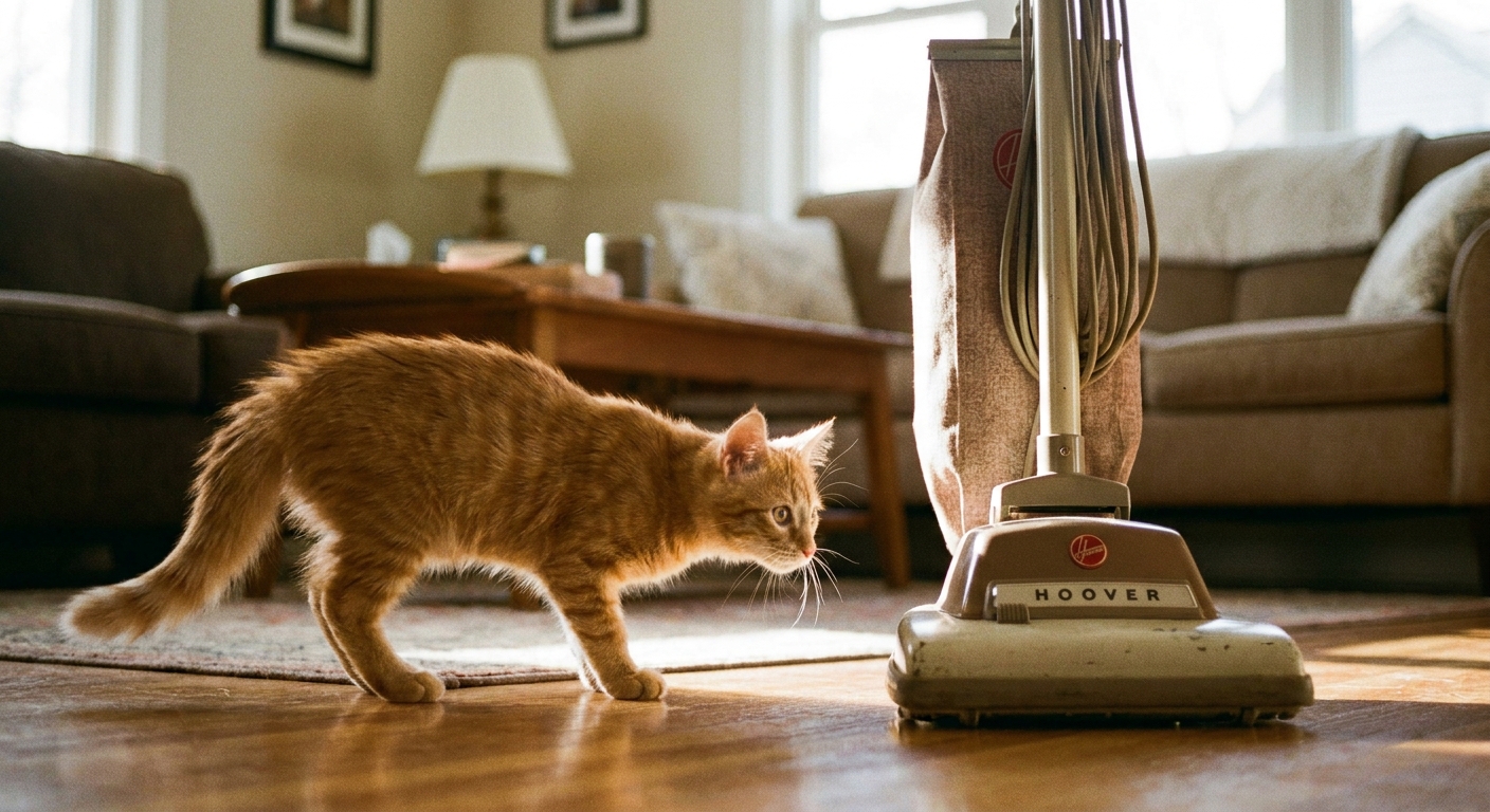 A curious kitten standing a few feet away from a vacuum cleaner that is turned off, sniffing cautiously