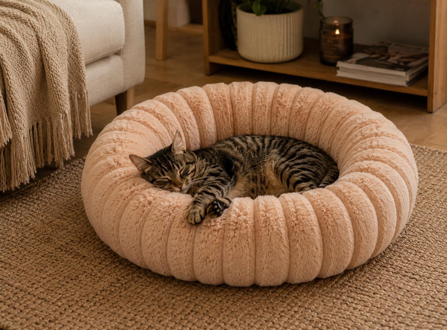 A gray tabby kitten kneading a fluffy donut pet bed with a raised rim