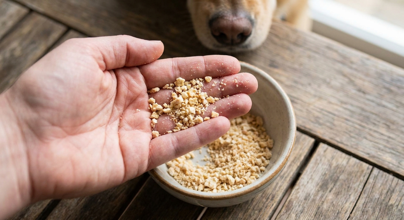 A hand holding a few small pieces of freeze-dried chicken treats above a bowl, showing crumb-sized portions for training