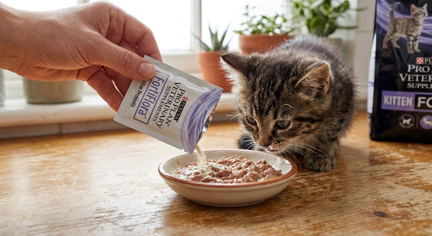 A hand holding a small pet probiotic powder packet next to a kitten’s food bowl on a countertop