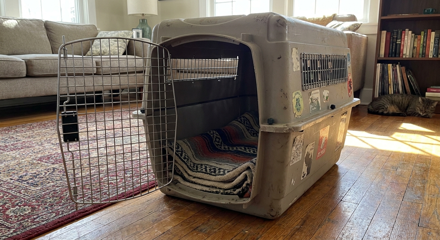 A hard-sided cat carrier with the door open and a folded blanket inside, placed on a living room floor