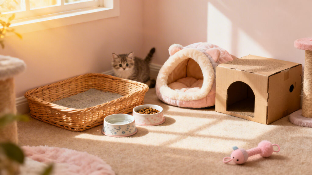 A kitten-proofed bathroom with a covered cord organizer, closed toilet lid, non-slip mat, litter box in a corner, and a small cat tree
