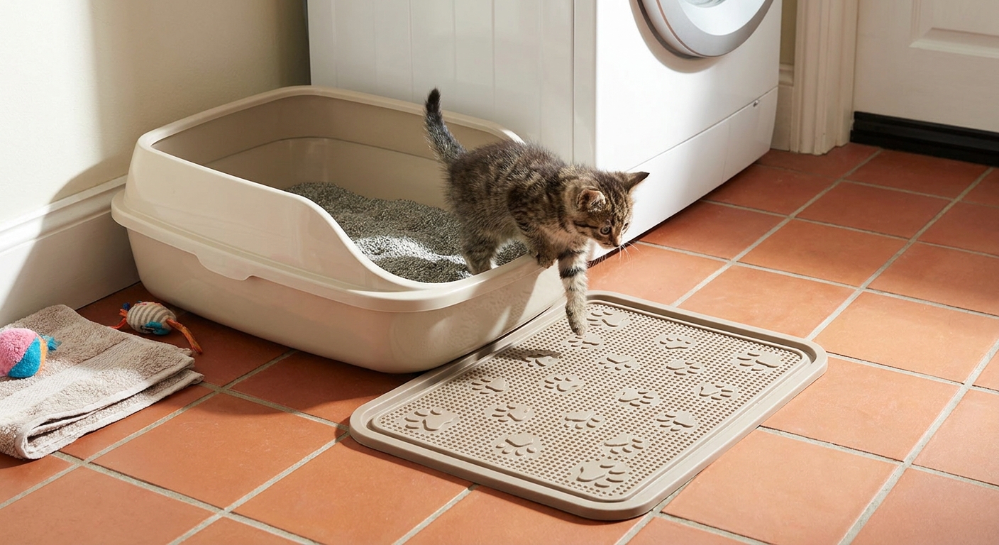 A low-entry plastic litter box on a tile floor with a litter mat in front, set up for a small kitten