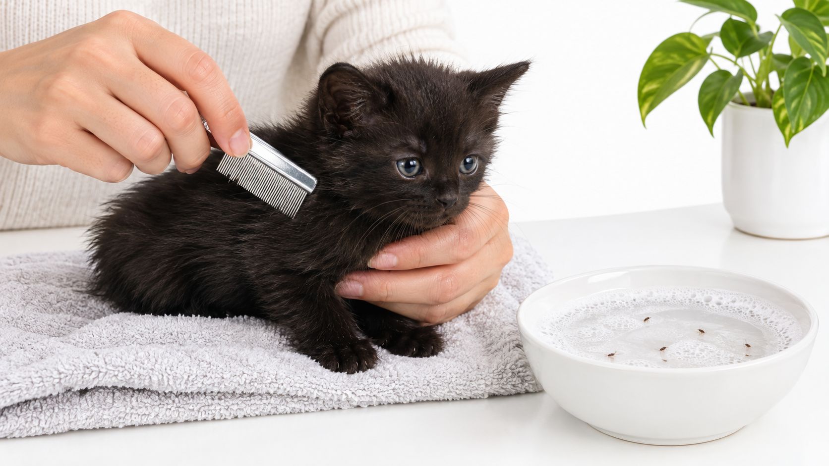 A person gently combing a kitten with a fine-tooth flea comb on a towel, checking the fur near the neck