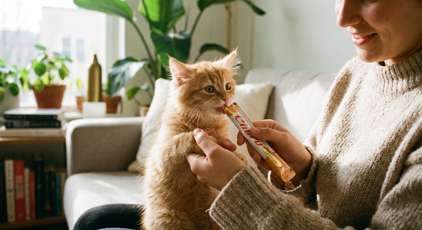 A person gently holding a kitten’s paw while offering a lickable cat treat from a tube, the kitten focused on the treat
