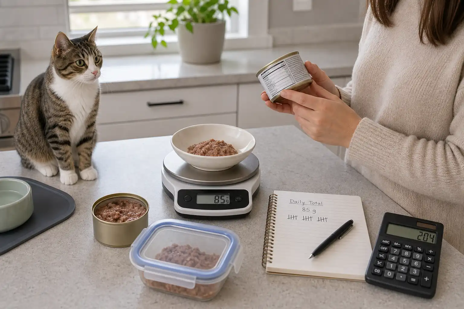 A person measuring dry cat food on a small kitchen scale next to two labeled containers for kitten and adult kibble