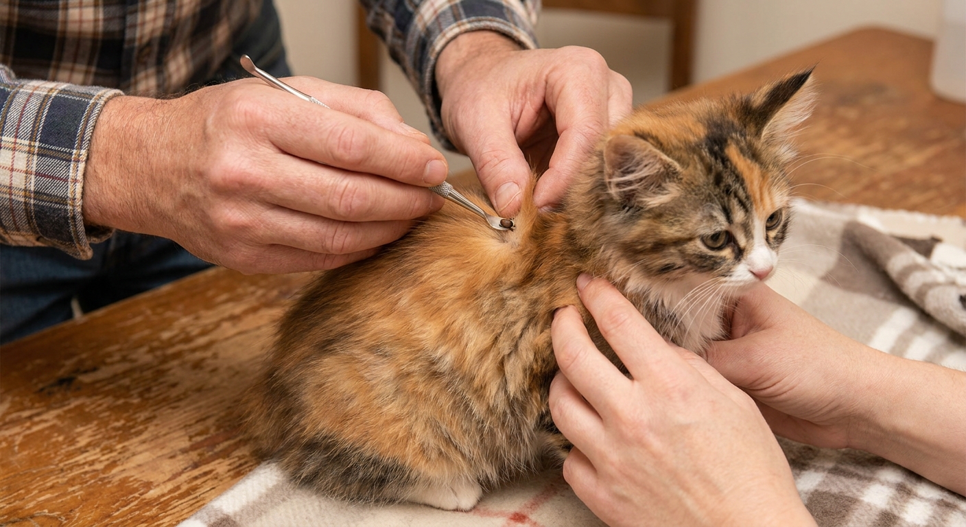 A person using a tick removal tool to remove a tick from the fur at the back of a kitten’s neck while the kitten is gently held