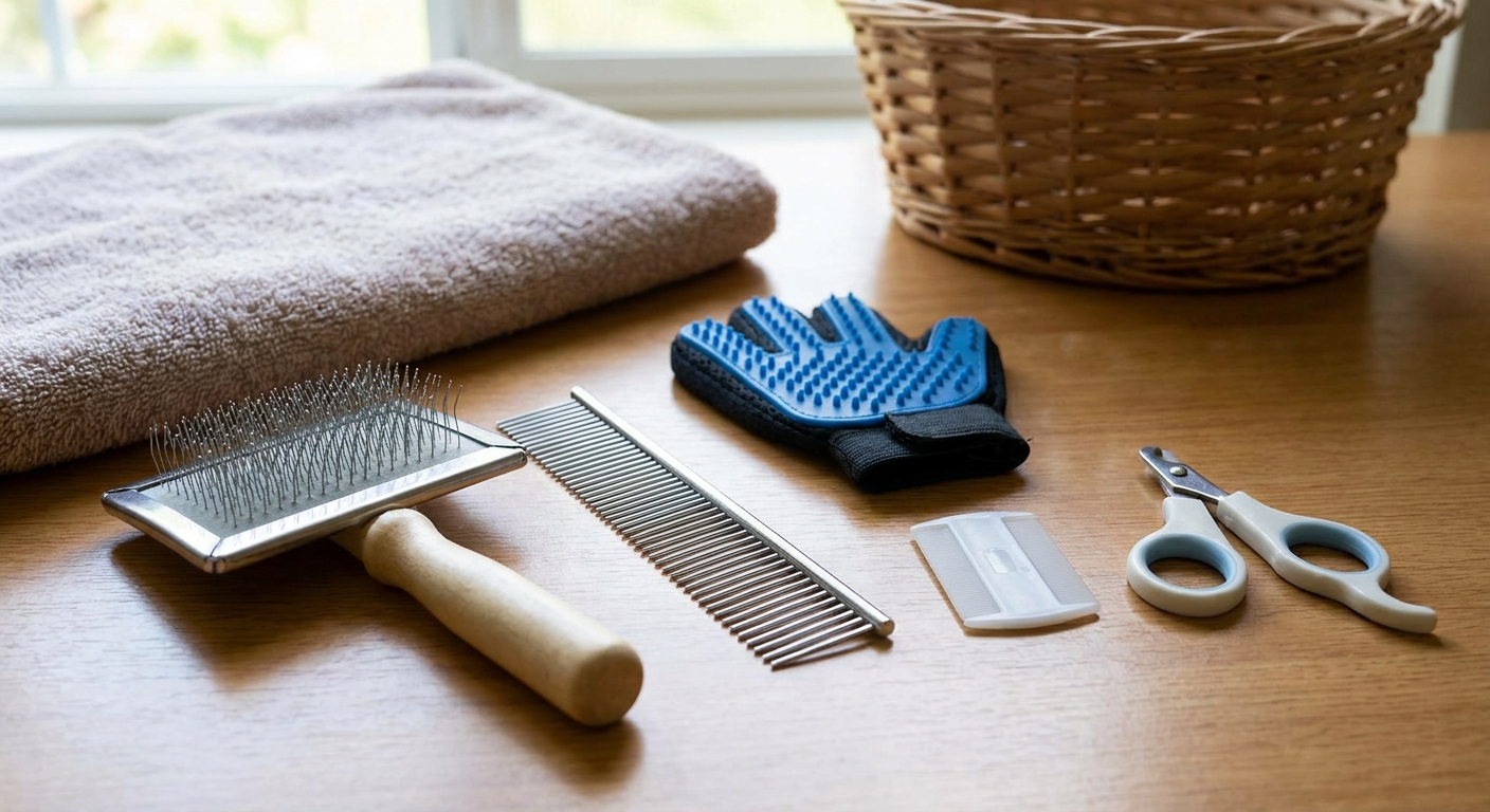 A simple kitten grooming kit on a table with a small slicker brush, a metal comb, a rubber grooming mitt, a flea comb, and kitten nail clippers