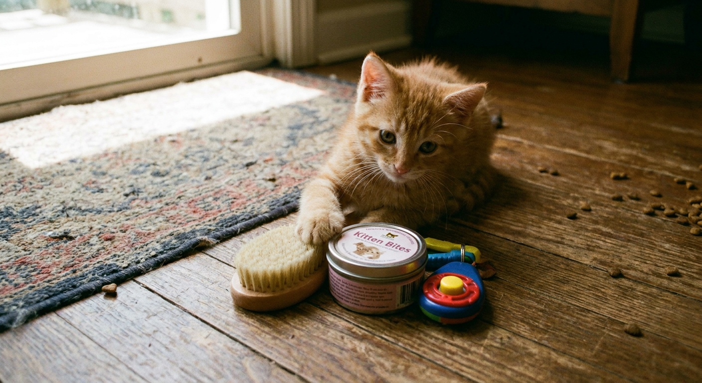 A small assortment of kitten care supplies on a floor next to a curious kitten, including a soft brush, small treats, and a clicker