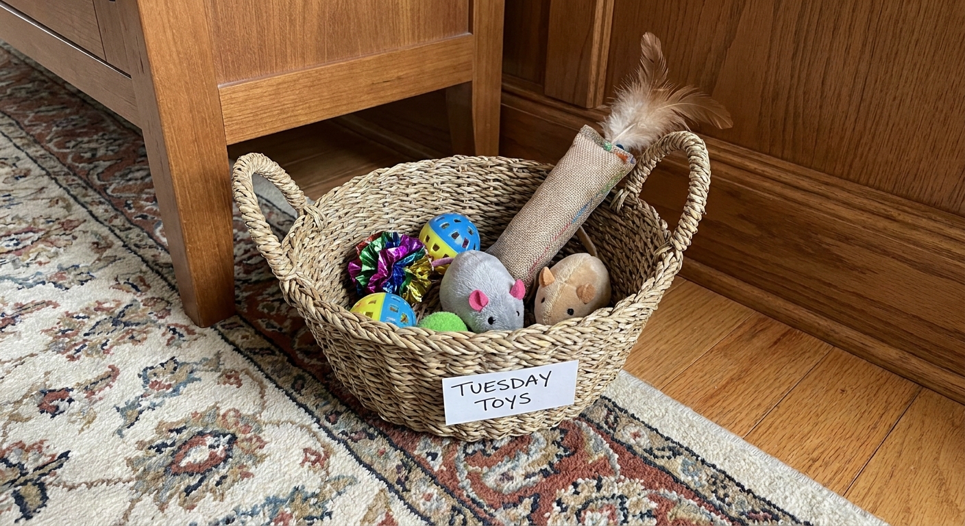 A small basket on the floor holding a few kitten-safe toys like crinkle balls, plush mice, and a kicker toy, suggesting toy rotation and organization