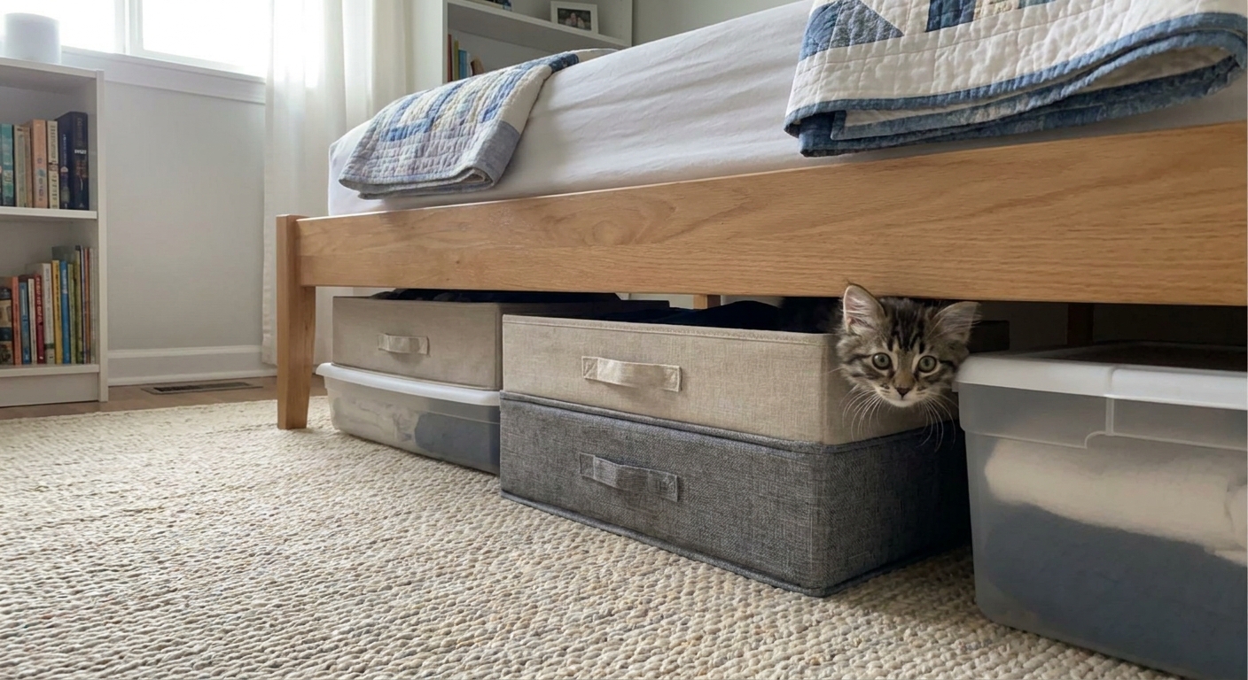 A small kitten peeking near low under-bed storage bins that block access beneath a bed in a tidy bedroom