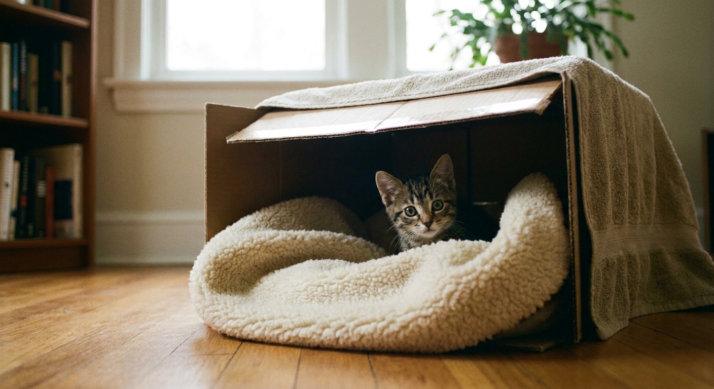A small kitten peeking out from a cardboard box lined with a soft fleece blanket in a quiet indoor room, showing a simple covered hiding setup
