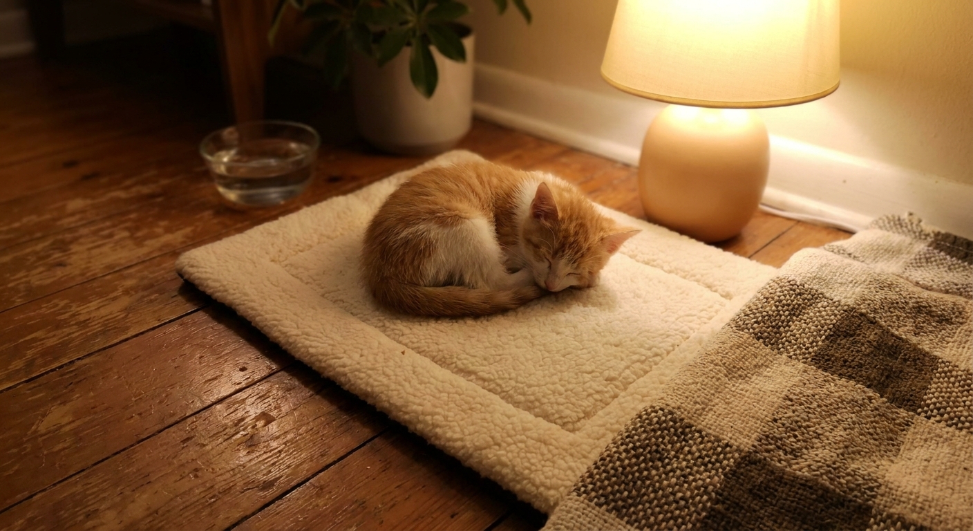 A small kitten resting on a pet-safe heated pad inside a fleece cover on the floor