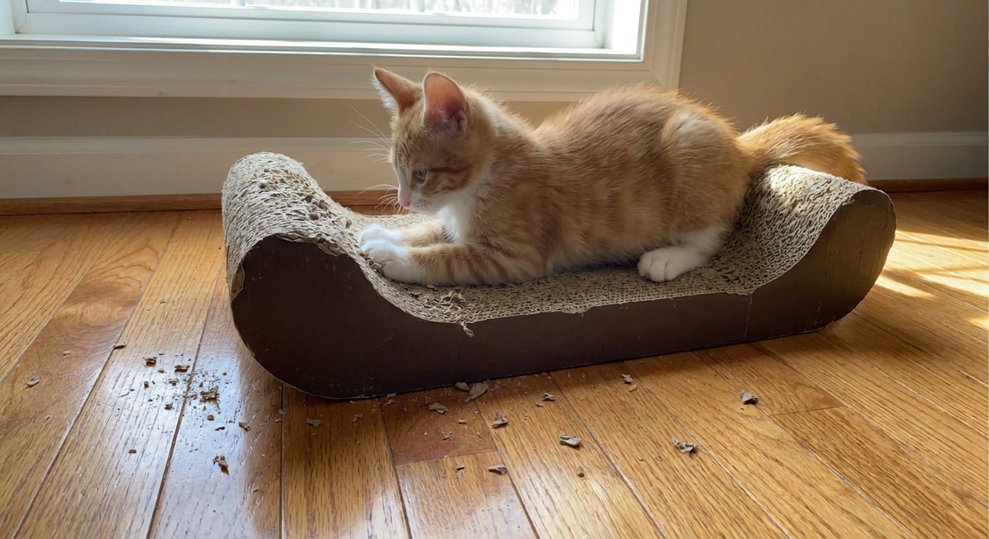 A small kitten scratching on a curved cardboard scratcher lounger on a hardwood floor, with small bits of cardboard nearby from shredding