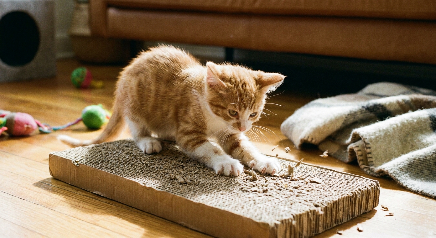 A small kitten standing with front paws on a cardboard scratcher pad and scratching with focused body language