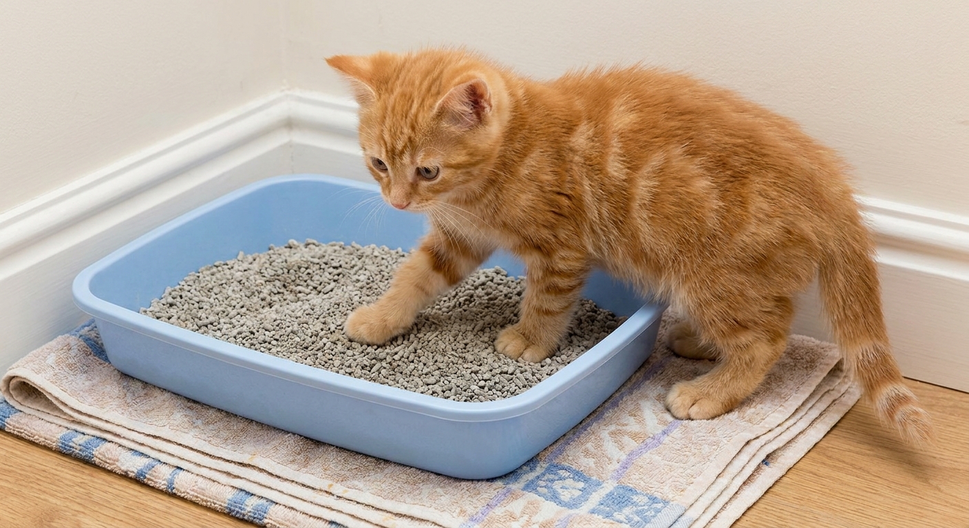 A small kitten stepping into a low-entry litter tray filled with shallow litter, with a towel underneath