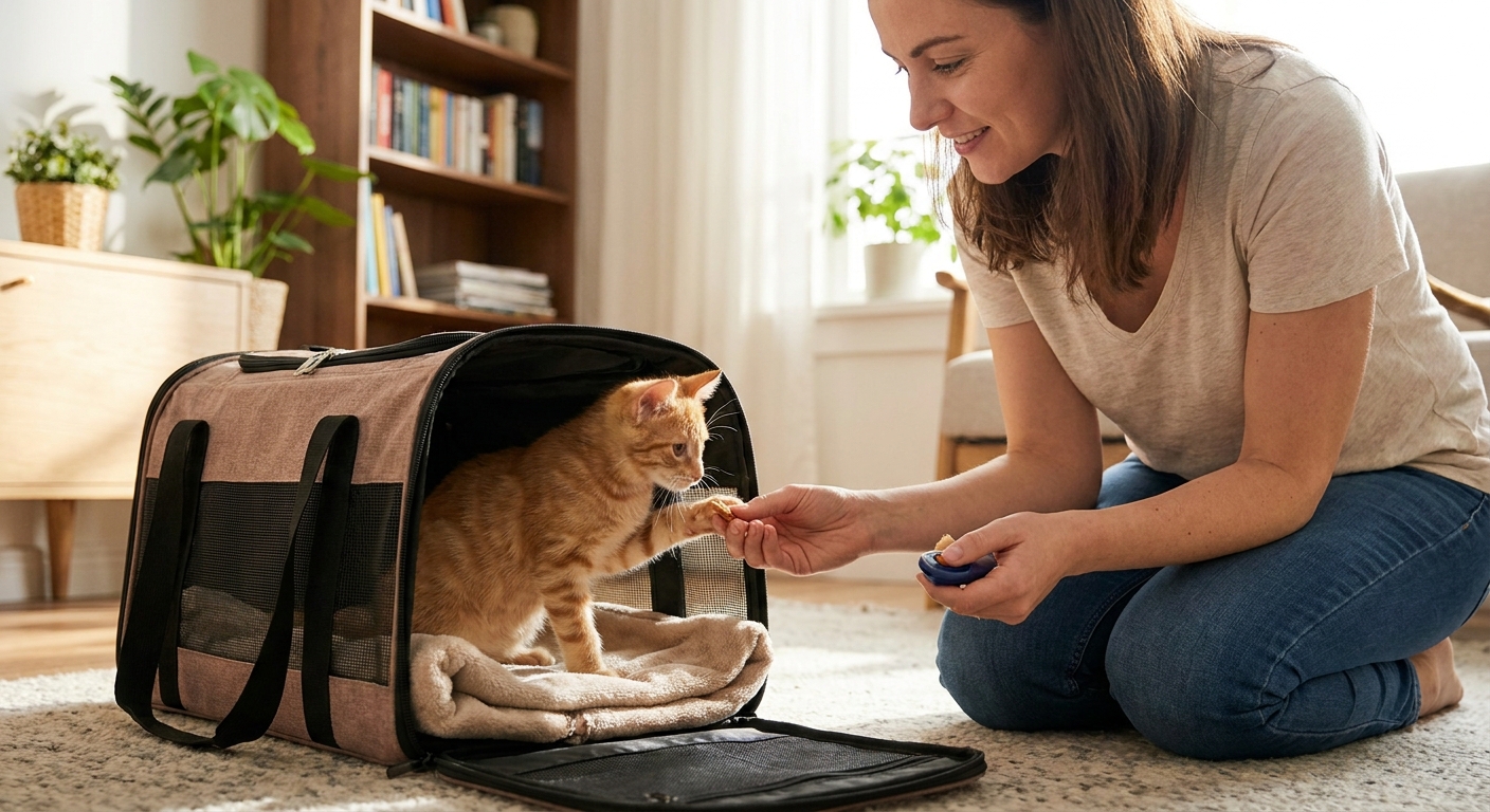 A small kitten stepping into an open carrier while a person offers a treat near the entrance, showing a calm training moment