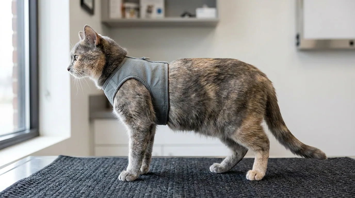A small orange kitten wearing a soft vest harness standing on a patio near a potted plant with a leash clipped on