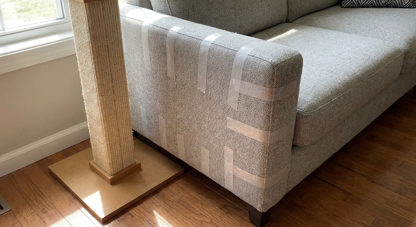 A sofa corner protected with clear double-sided tape while a scratching post stands beside it