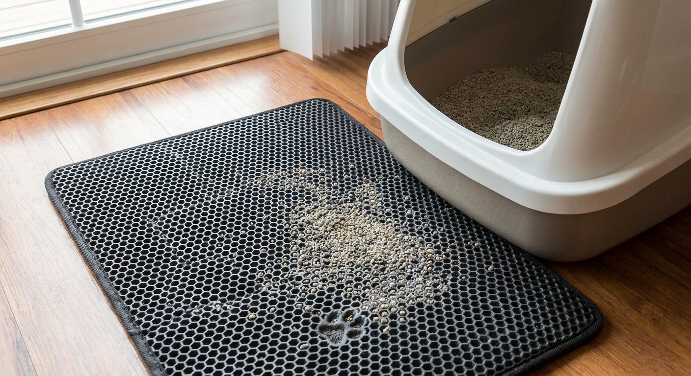 A textured litter mat placed in front of an open litter box to catch scattered litter on a home floor