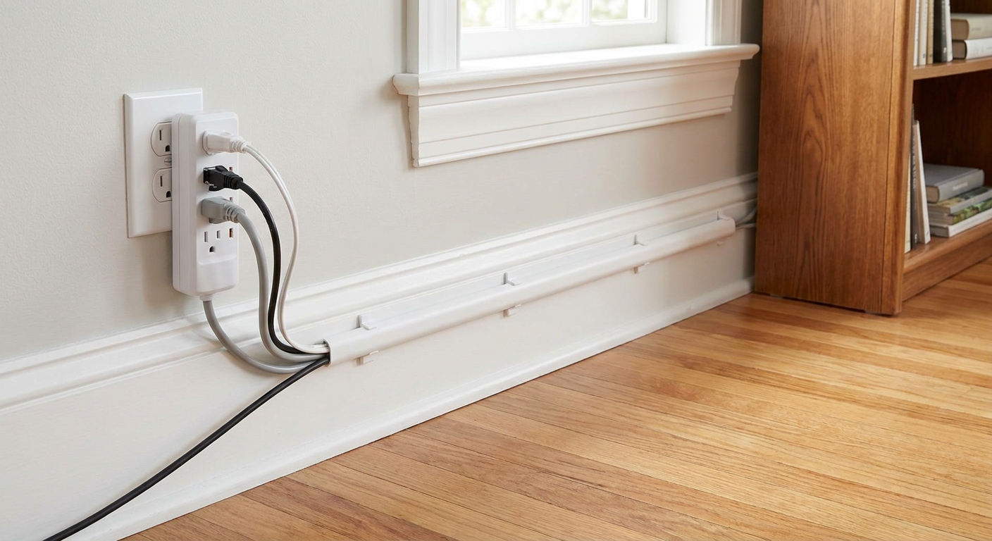 A wall outlet and power strip with cables routed through a cord cover and clipped neatly along a baseboard