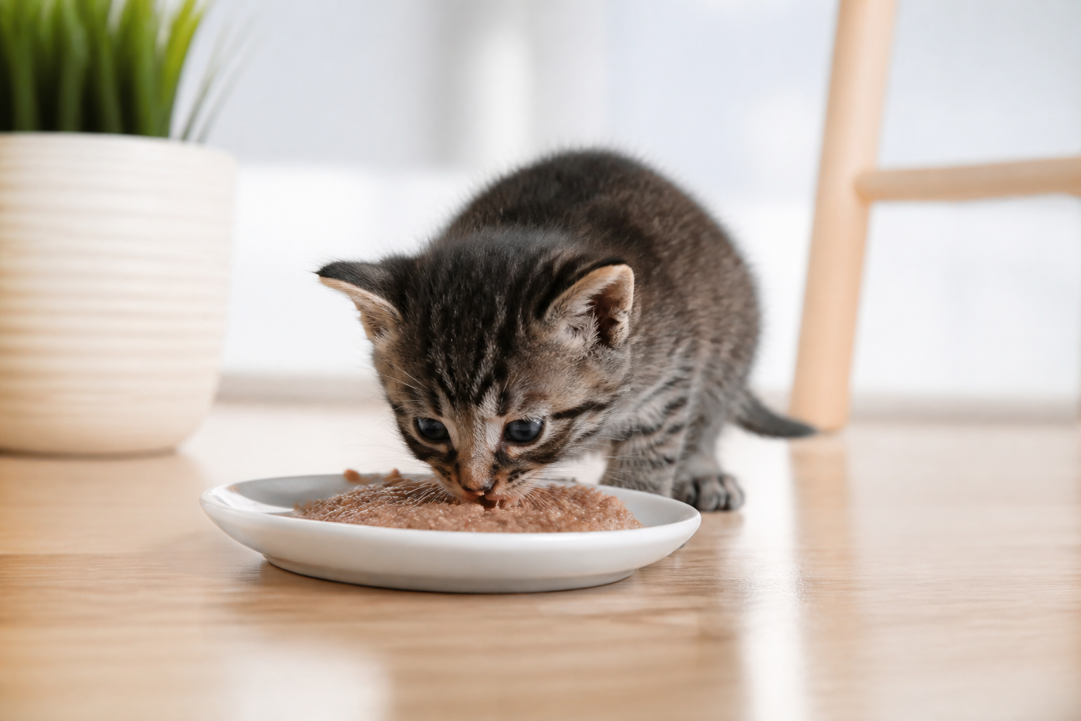A young kitten eating wet food from a wide shallow ceramic plate on a washable mat