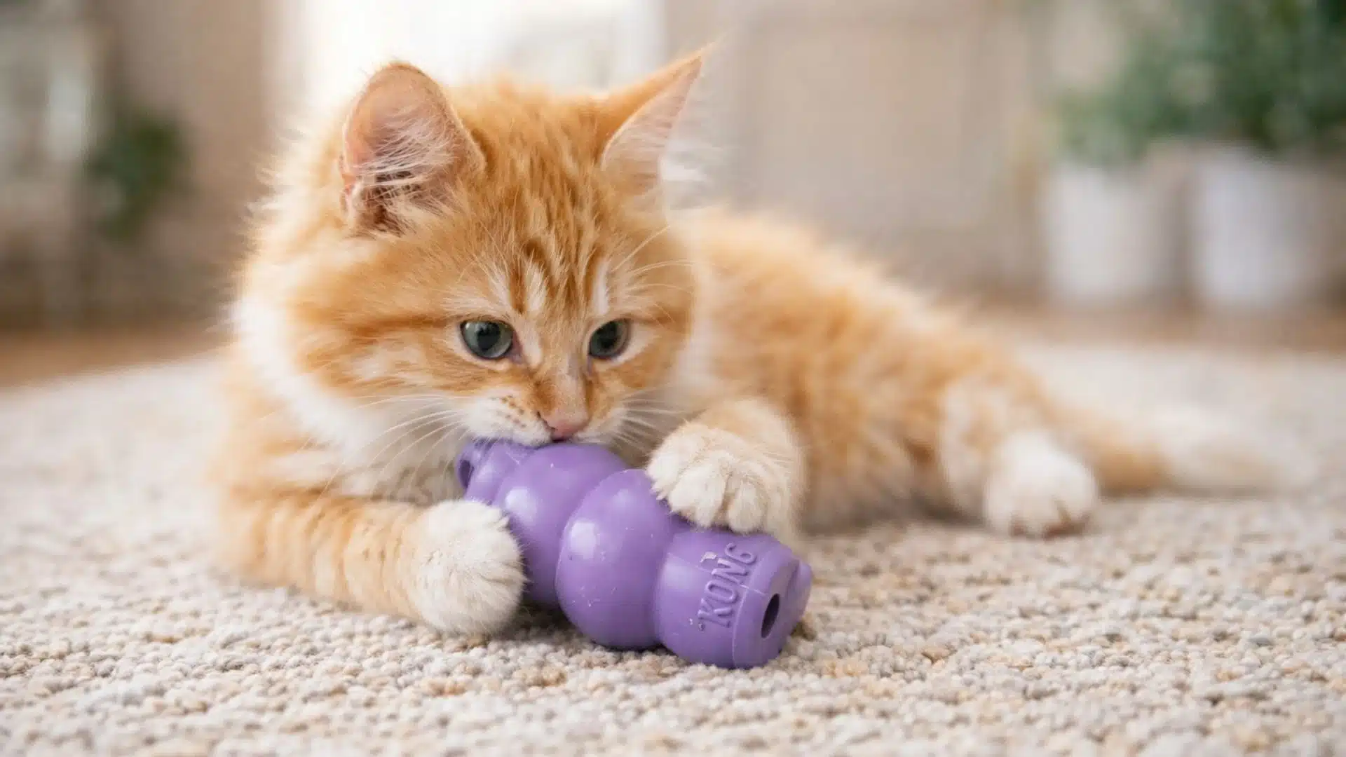 A young kitten sitting on a living room floor, holding a small rubber chew toy between its paws while chewing