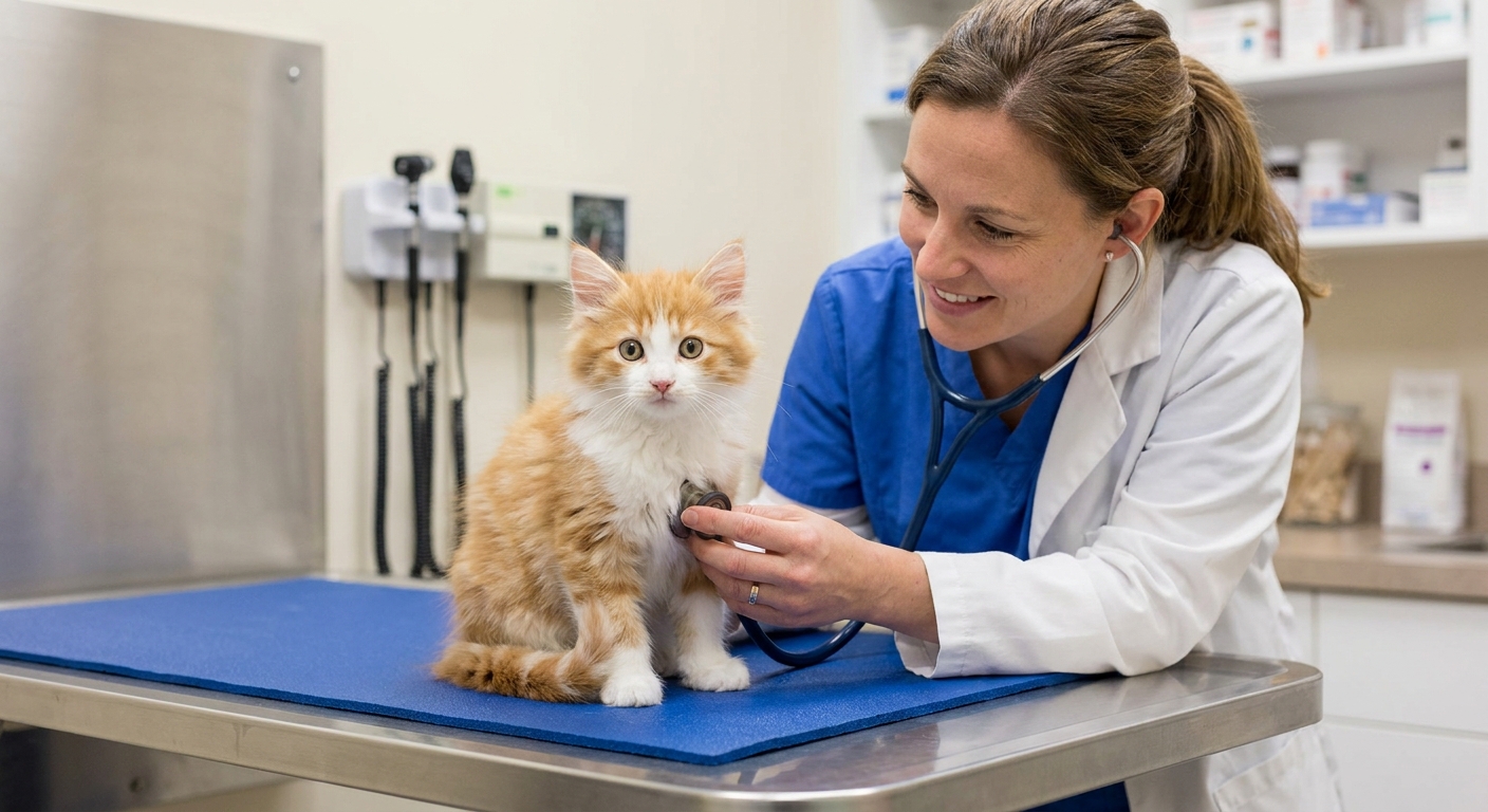 A young kitten sitting on a veterinary exam table while a veterinarian gently listens with a stethoscope