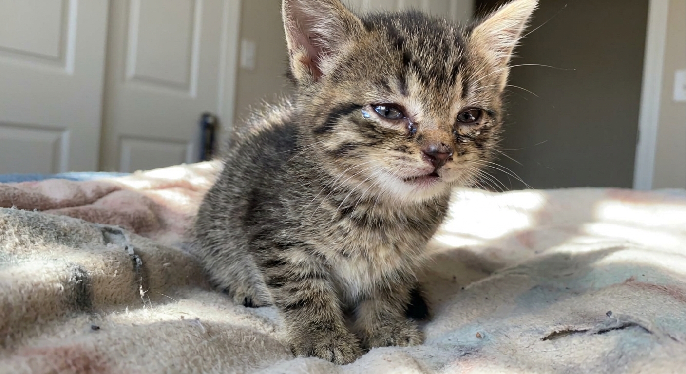 A young kitten sitting upright with watery eyes and a small amount of nasal discharge while sneezing