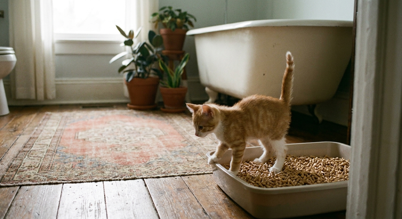 A young kitten stepping into a low-sided litter box in a quiet bathroom