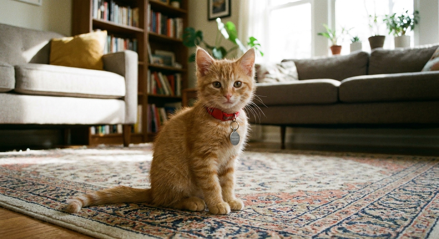 A young kitten wearing a properly fitted breakaway collar with a small ID tag while sitting calmly on a living room floor