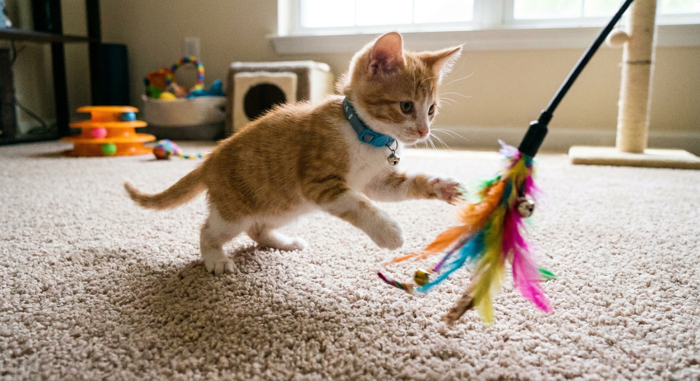 A young kitten wearing a slim breakaway collar chasing a feather wand toy on a carpeted floor