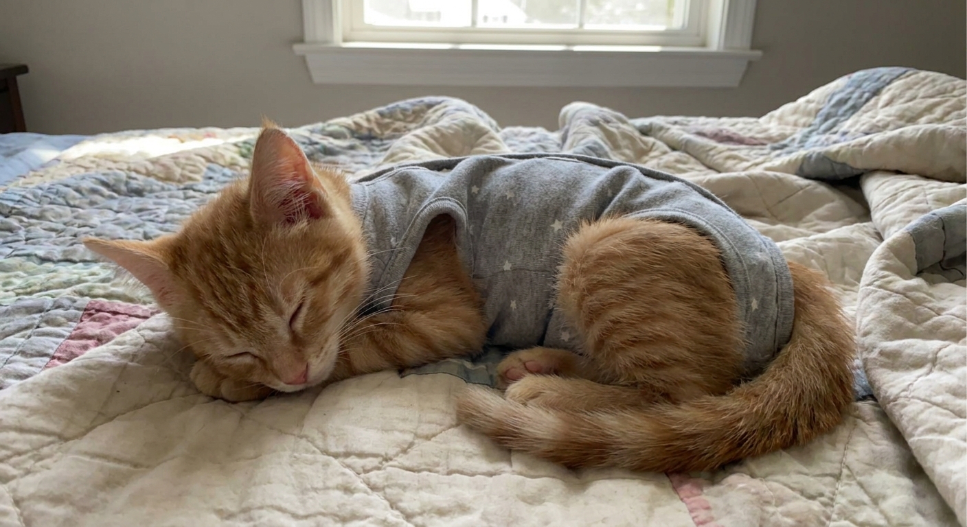 A young kitten wearing a soft recovery suit while resting on a bed, with the fabric covering the abdomen to prevent licking
