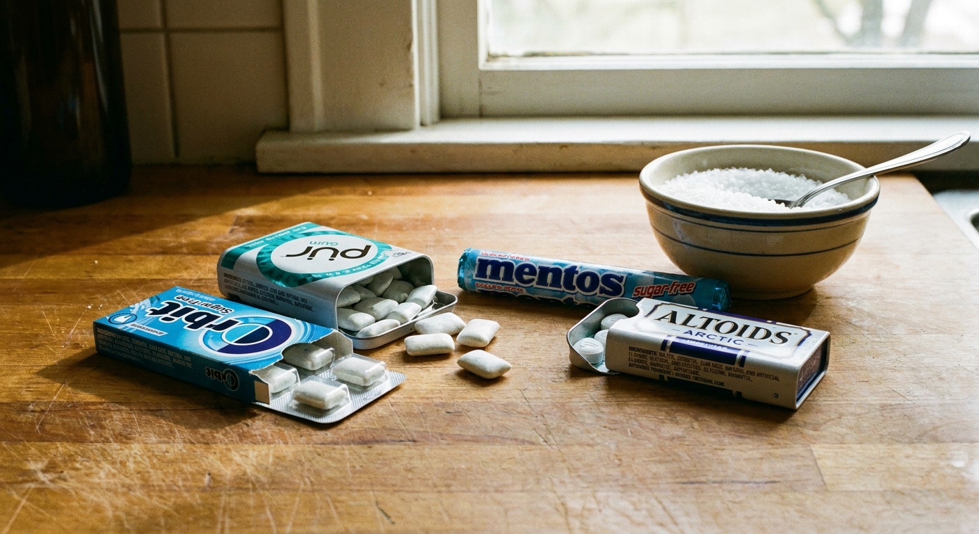 Sugar-free chewing gum and mints on a kitchen counter with ingredient packaging visible